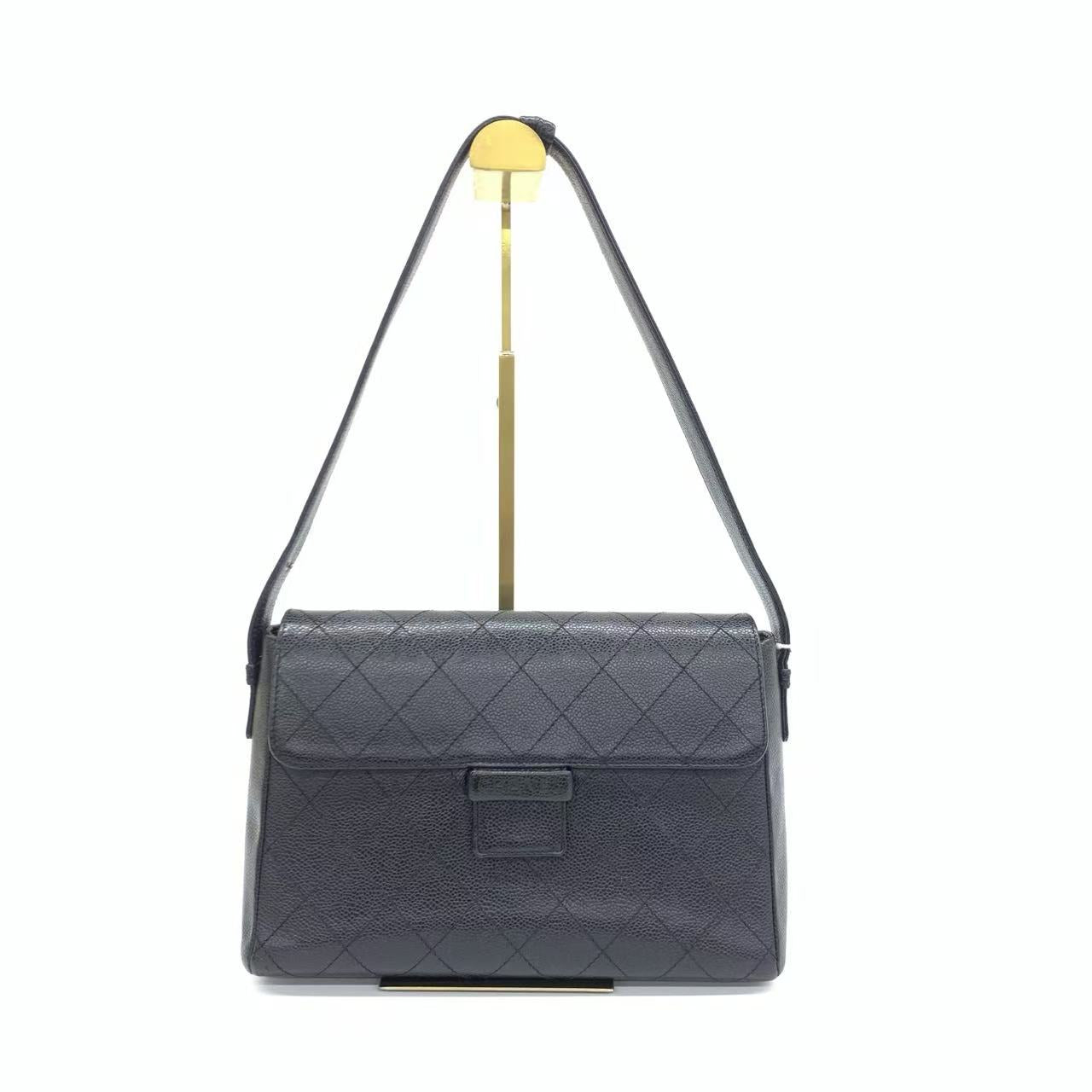 Chanel So Black Caviar Shoulder Bag Front Buckle Adjustable Strap