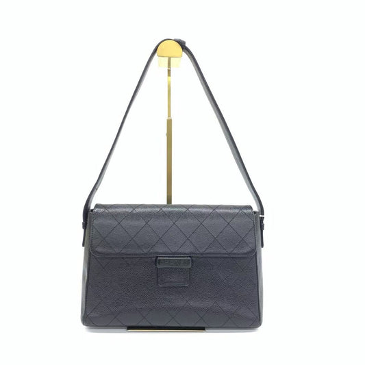 Chanel So Black Caviar Shoulder Bag Front Buckle Adjustable Strap
