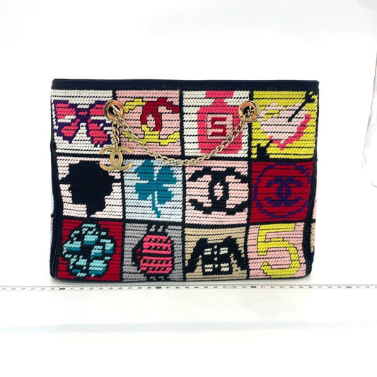 Rare Chanel Precious Symbols Needlepoint Shoulder Bag Shopper Tote