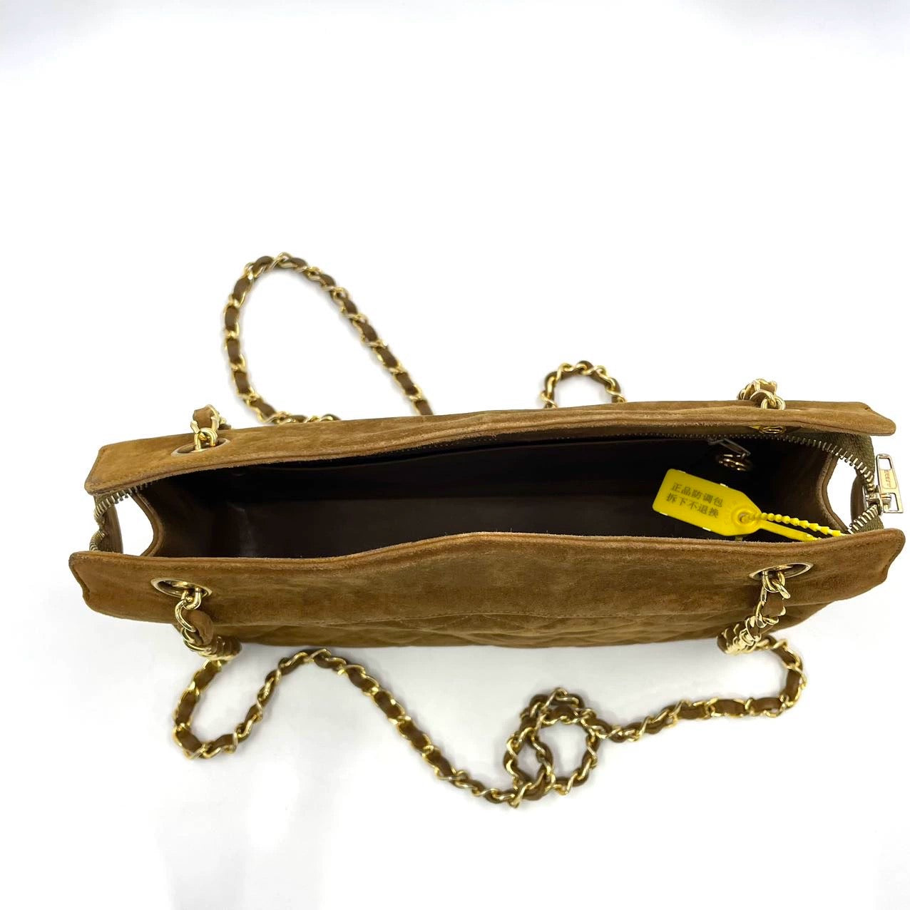 Chanel Matelasse Tan Brown Suede Gold Double Chain Coco Charm Medium Shoulder Bag
