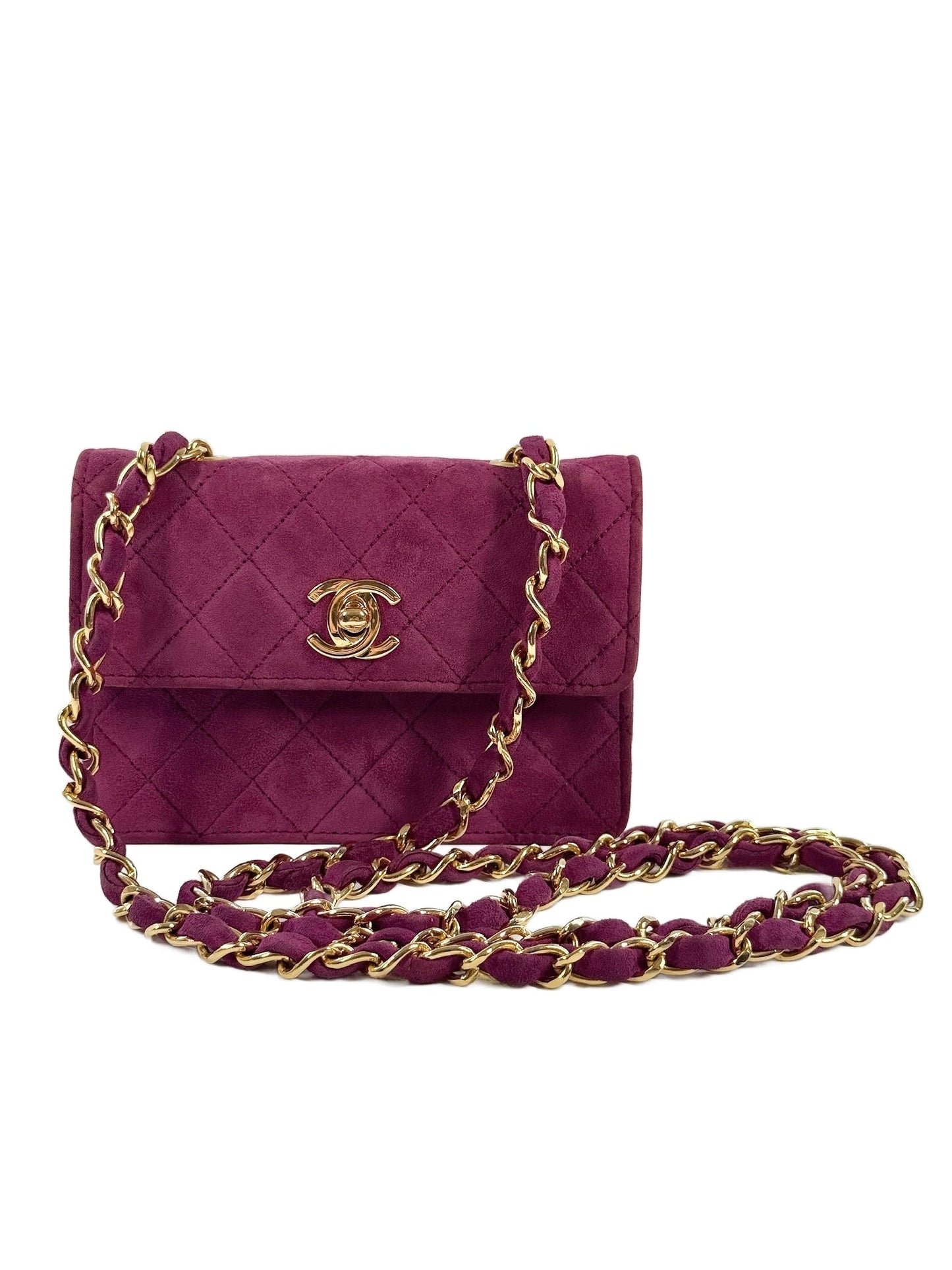 Chanel Vintage 80s/90s Quilted Fuchsia Suede Micro Mini Flap Crossbody Bag w 24K Gold Plated Hardware