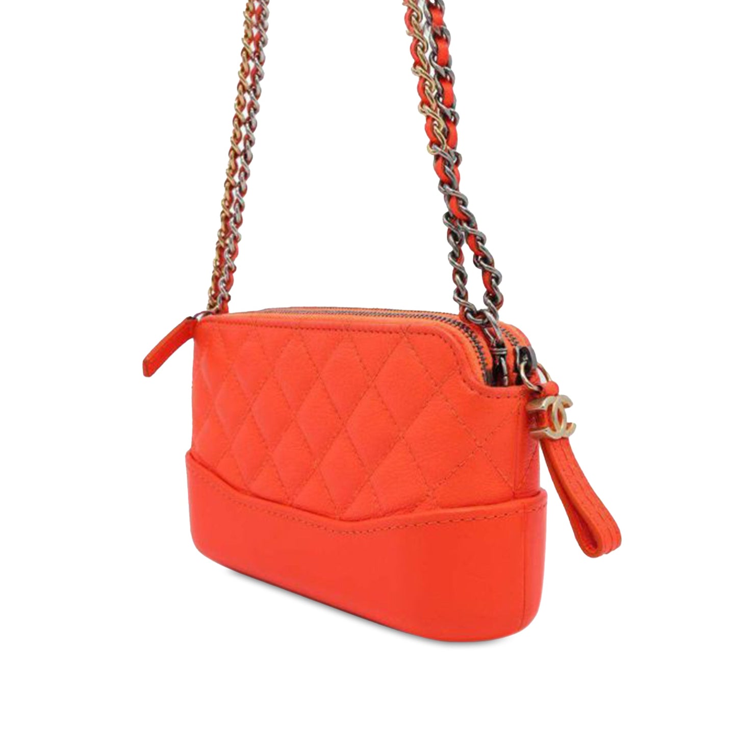 Orange Chanel Quilted Calfskin Gabrielle Double Zip Clutch With Chain Shoulder Bag