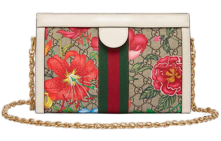 (WMNS) GUCCI Ophidia Flowers Printing Logo Stripe Webbing Canvas Chain Shoulder Messenger Bag Small / White / Multi-Color 503877-HV8AC-9759