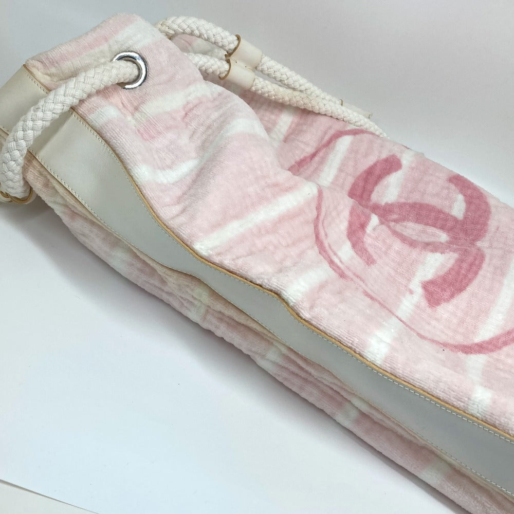 CHANEL Shoulder Bag cotton pink beach bag shoulder CC COCO Mark Border Pile Women Used