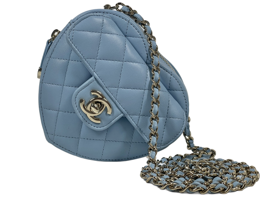 Chanel 22S Baby Blue Quilted Lambskin Small Heart Bag Clutch with on Chain