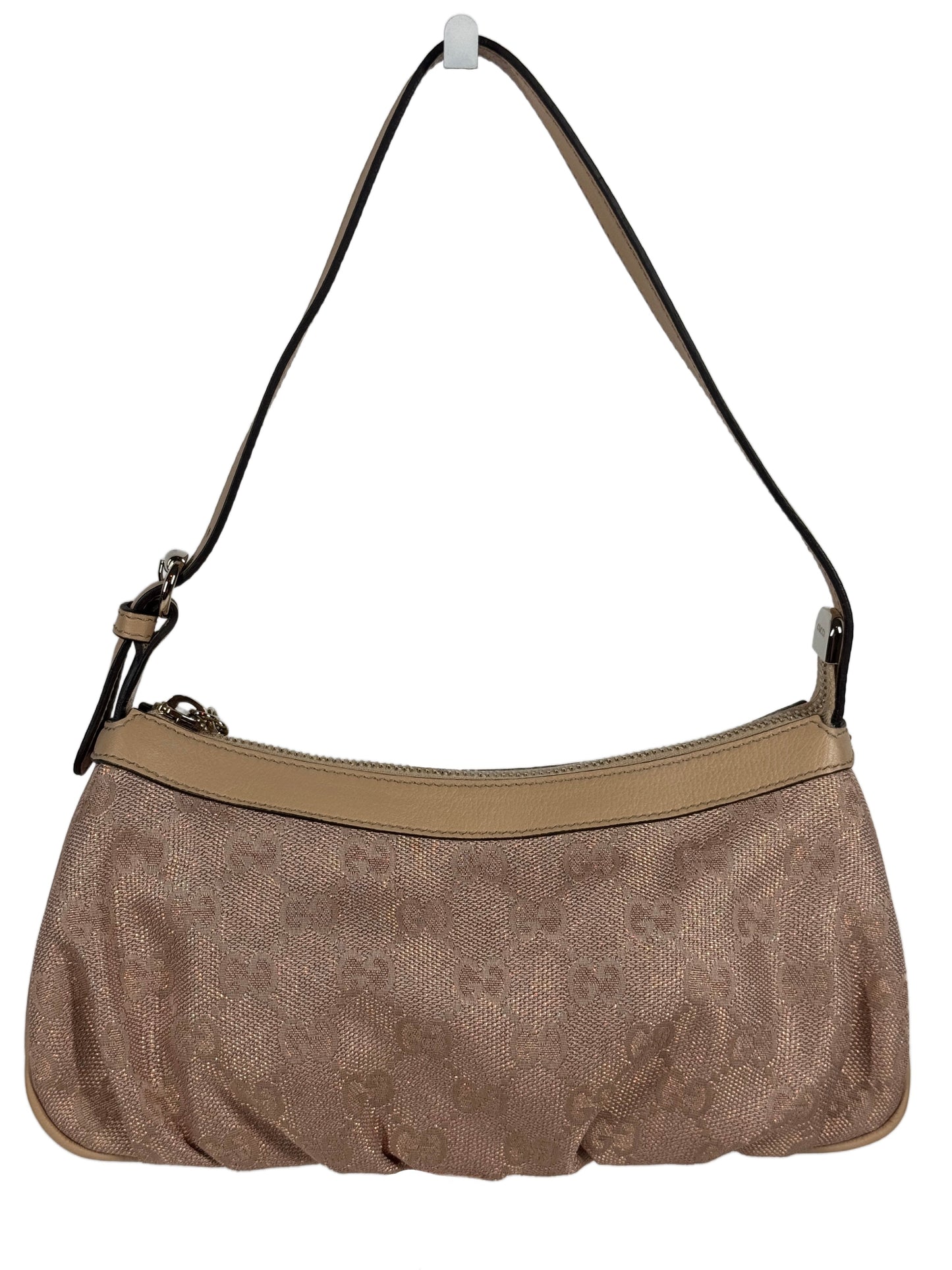 Gucci Vintage Metallic Pink GG Monogram Canvas w Ivory Leather Trim Lovely Heart Logo Mini Shoulder Pochette Bag