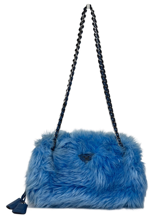 Prada Blue Faux Fur Medium Chain Shoulder Bag