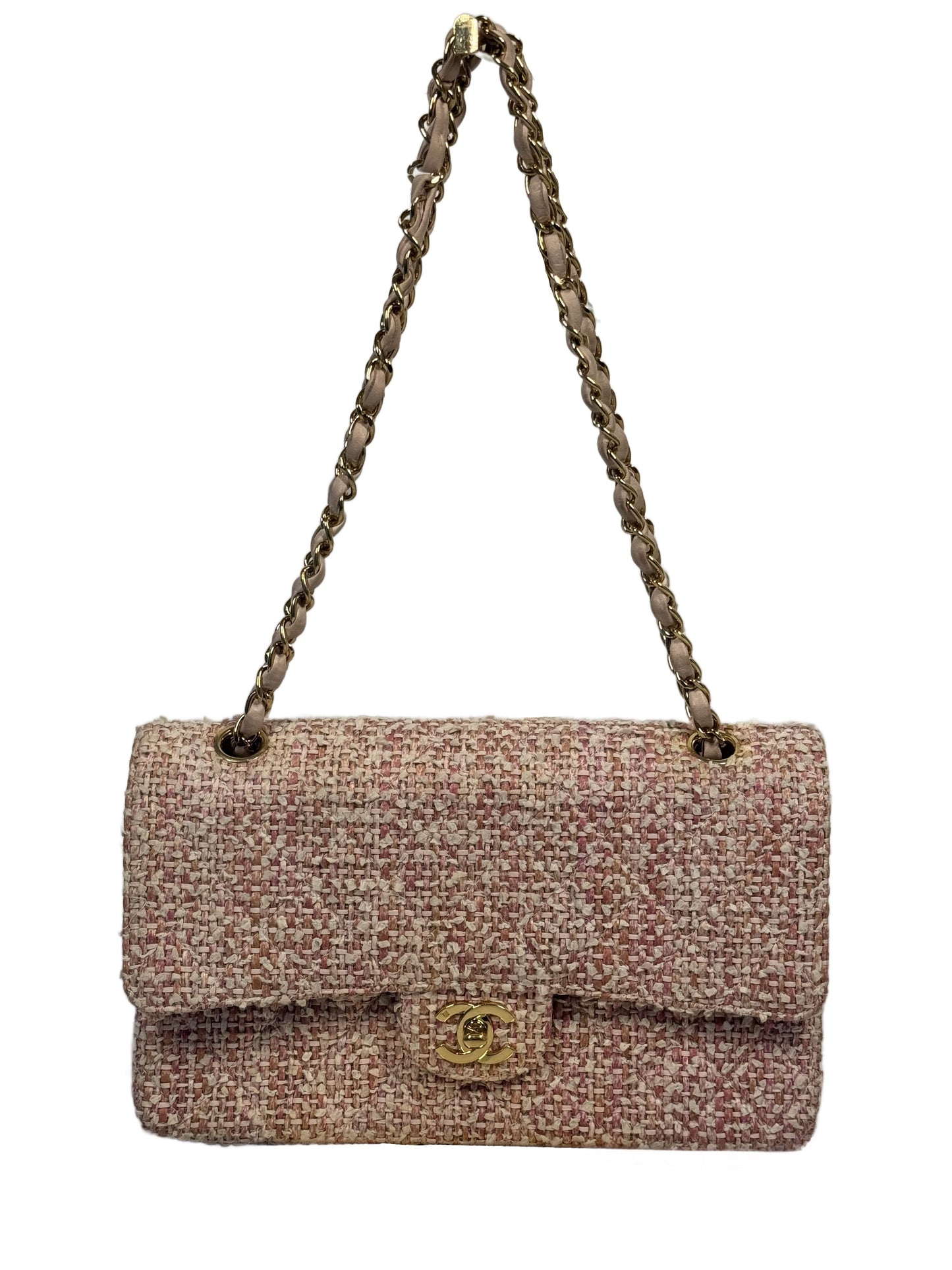 Chanel Vintage 2003 Baby Pink Tweed Medium Classic Double Flap Bag w 24K Gold Plated Hardware
