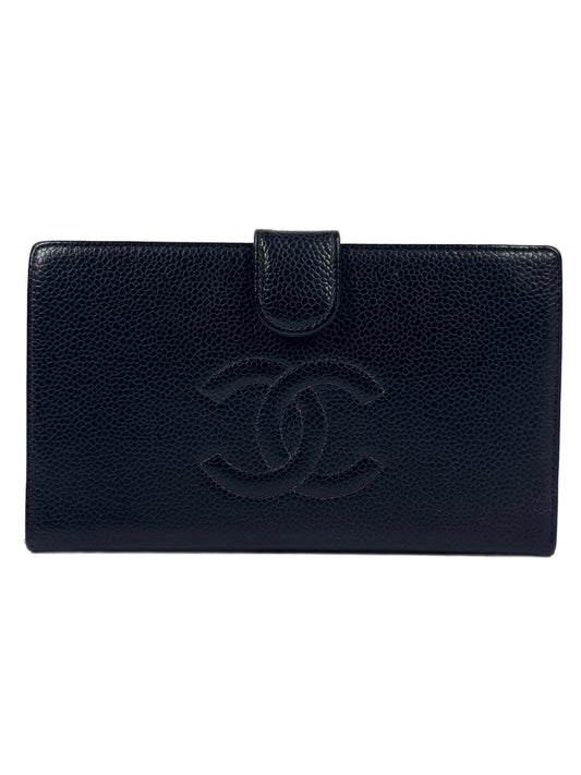 Chanel Vintage Black Caviar CC Logo Long Snap Bifold Wallet