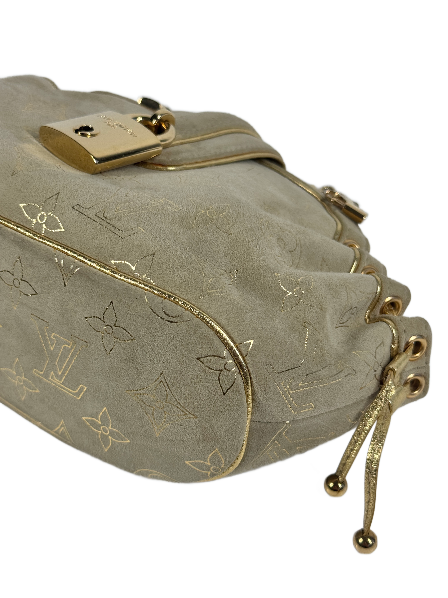 Louis Vuitton Vintage 2004 Beige Suede Gold Monogram Theda Mini Logo Lock Bag