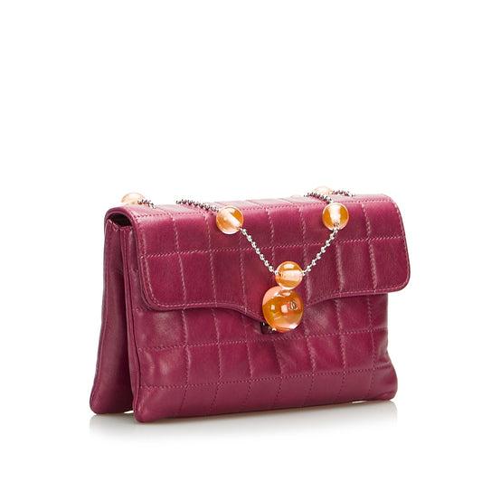 Magenta Chanel Square Quilted Lambskin Beaded Chain Shoulder Bag