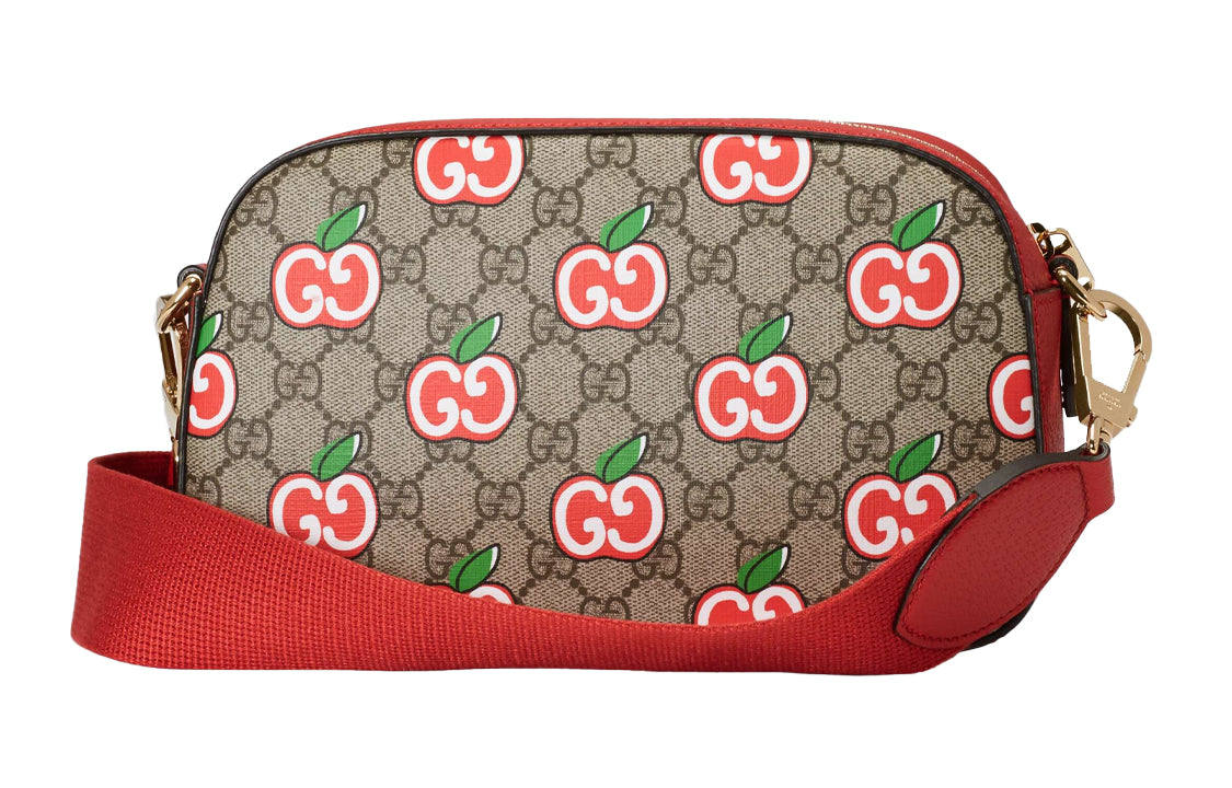 (WMNS) GUCCI Logo Apple Pattern Leather Logo Canvas Camera Bag Shoulder Messenger Bag Small Ebony / Red Valentine's Day Limited 574886-2EVDG-8646
