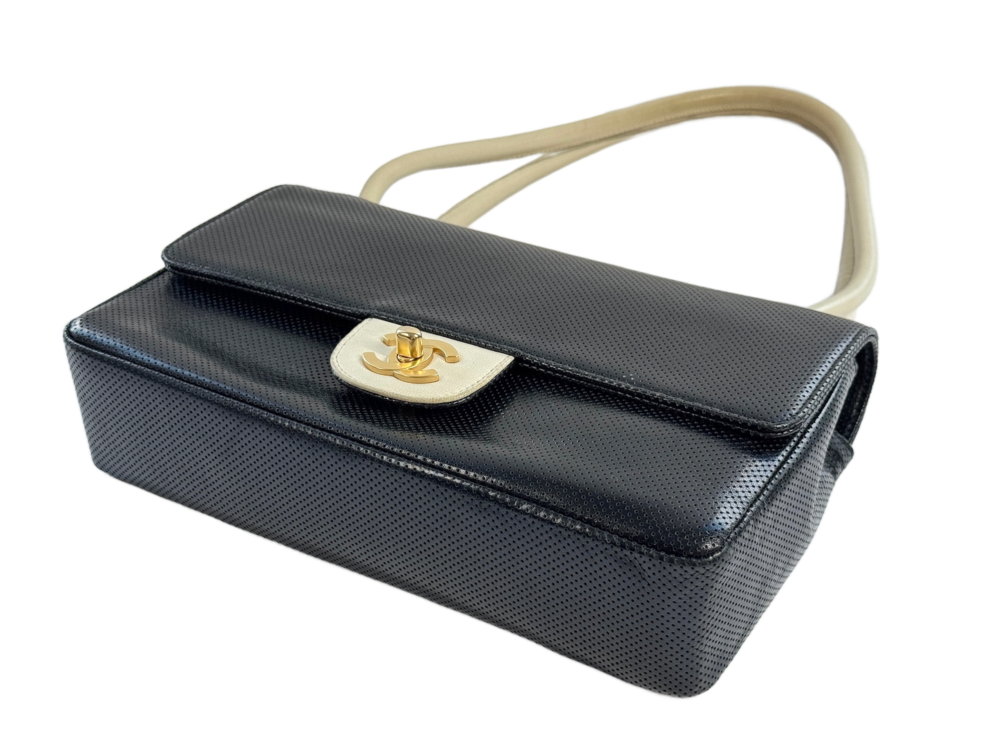 Chanel Vintage 00s Two-Toned Black & White Perforated Leather Classic Flap Bag w Aged Gold Hardware