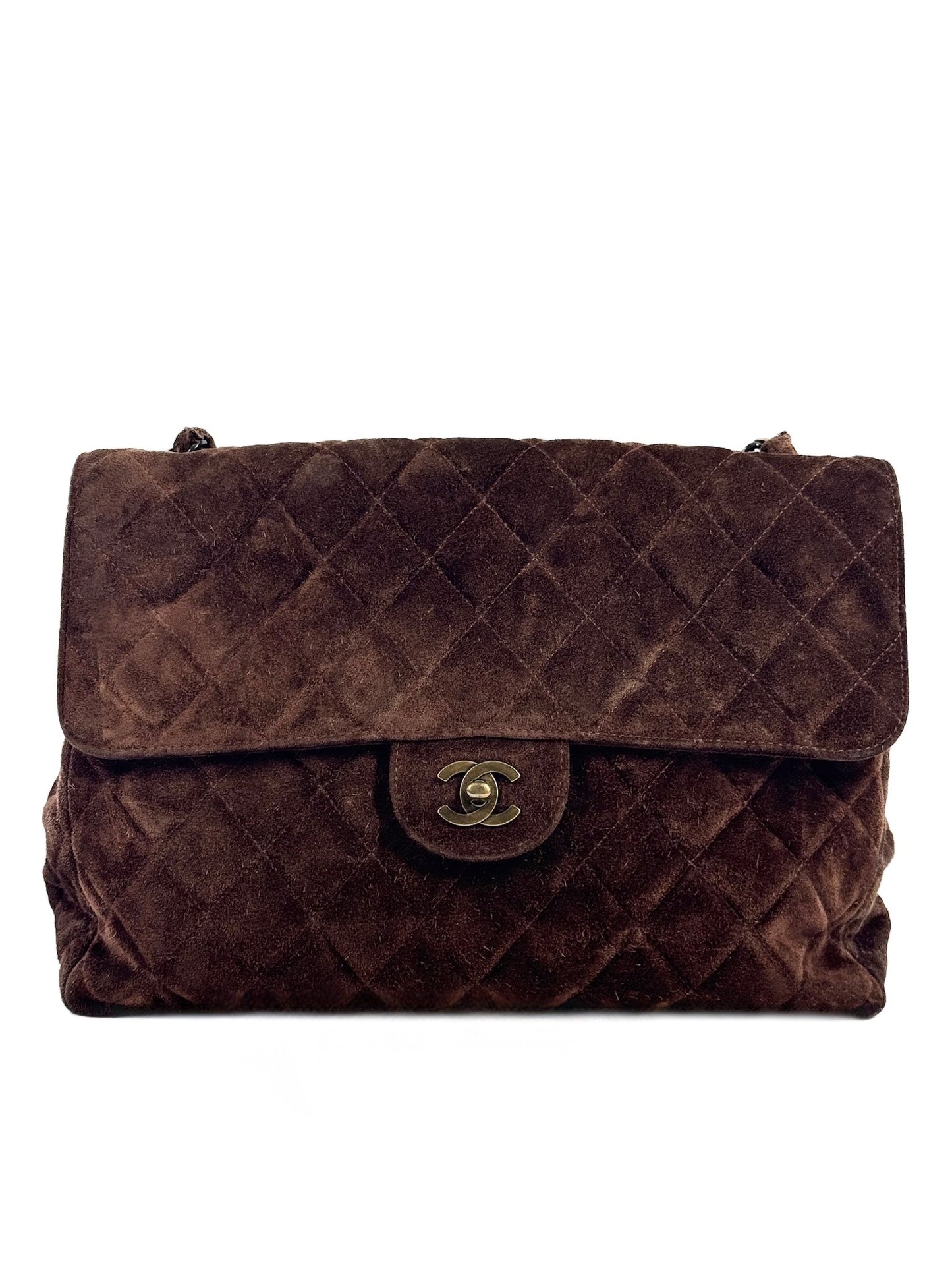 Chanel Vintage 90s Quilted Brown Suede Jumbo Flap Crossbody Bag
