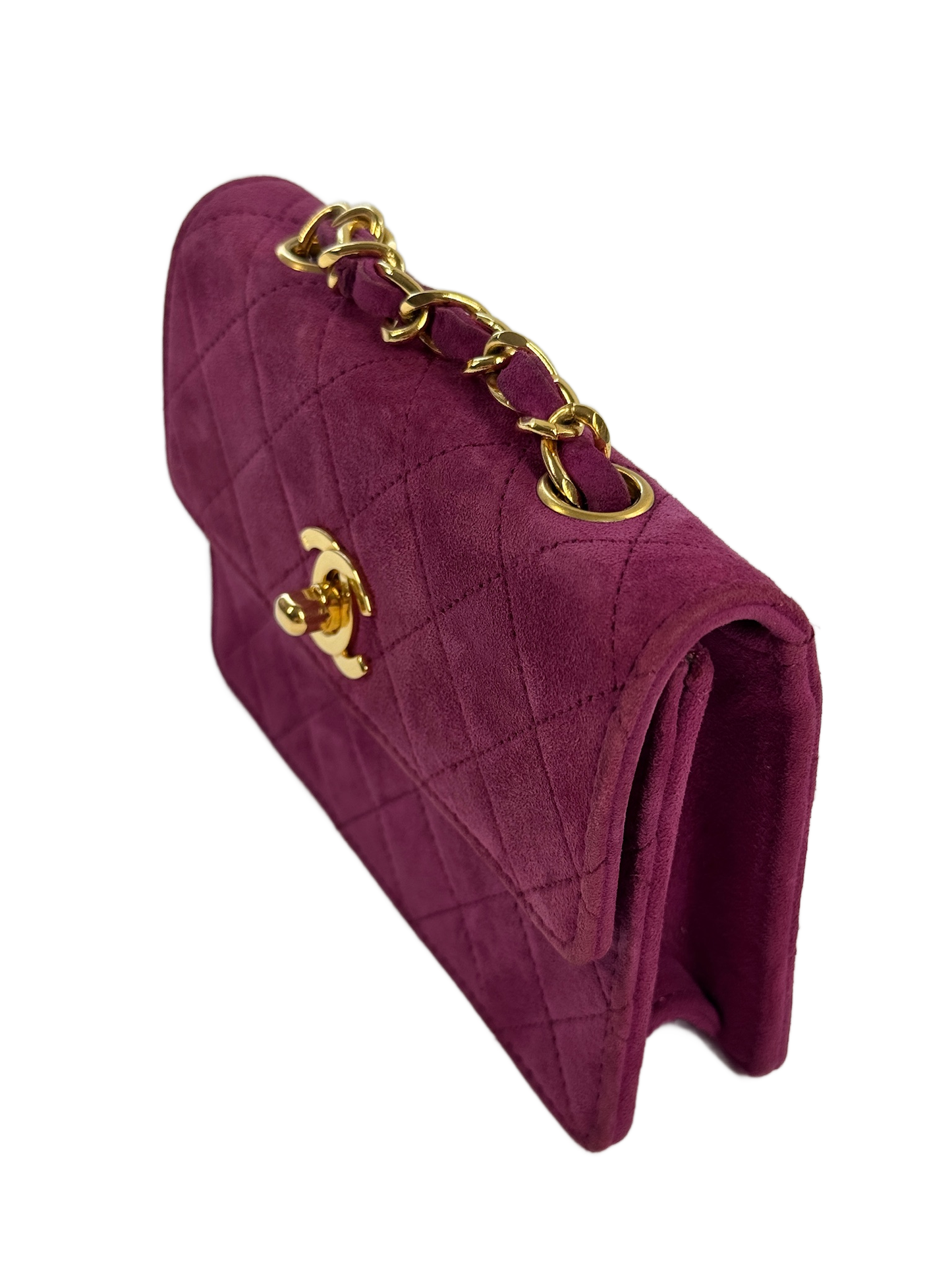 Chanel Vintage 80s/90s Quilted Fuchsia Suede Micro Mini Flap Crossbody Bag w 24K Gold Plated Hardware