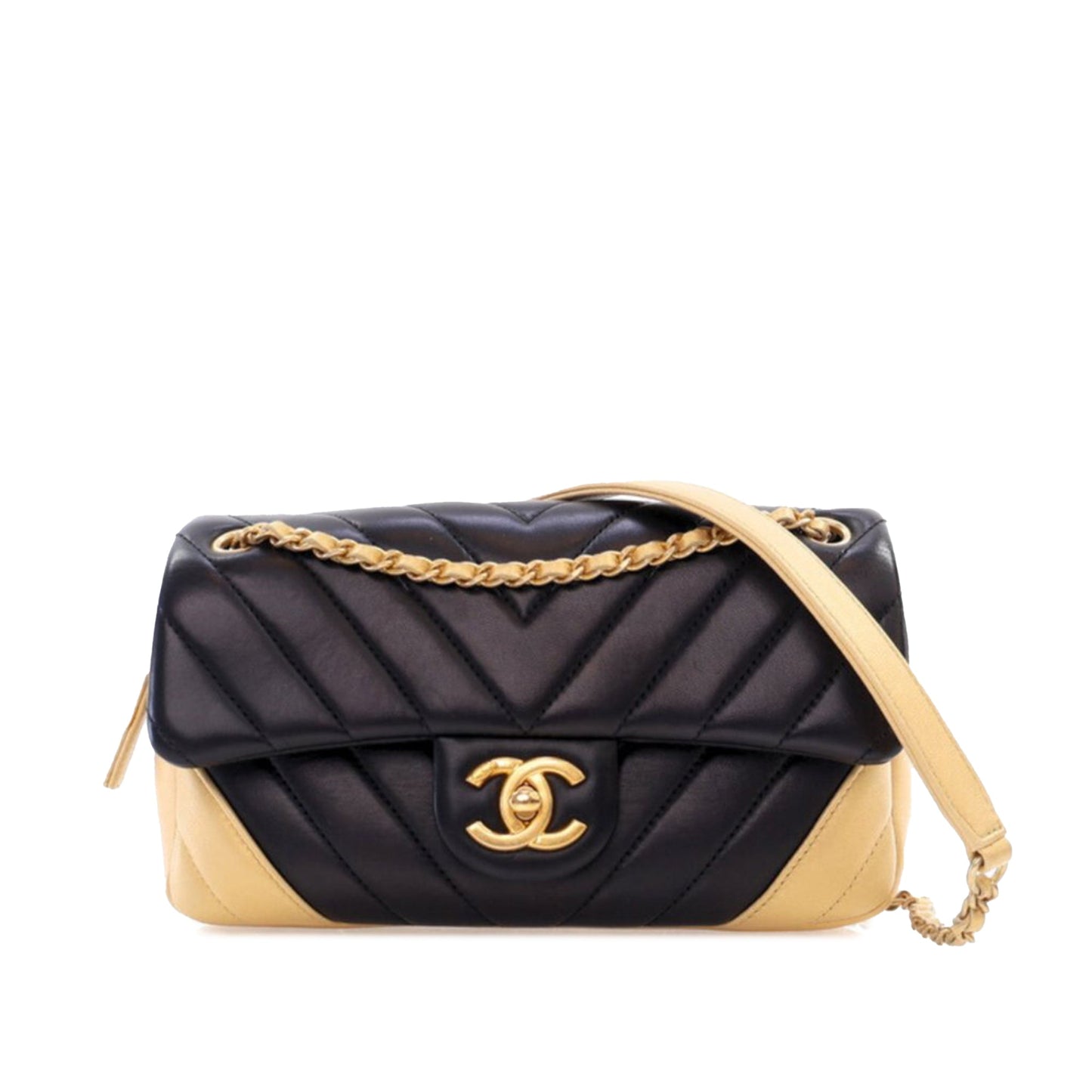 Black Chanel Small Bicolor Chevron Lambskin Single Flap Shoulder Bag
