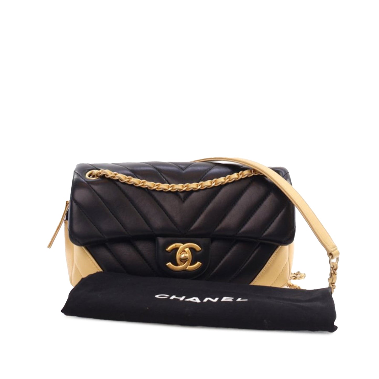 Black Chanel Small Bicolor Chevron Lambskin Single Flap Shoulder Bag