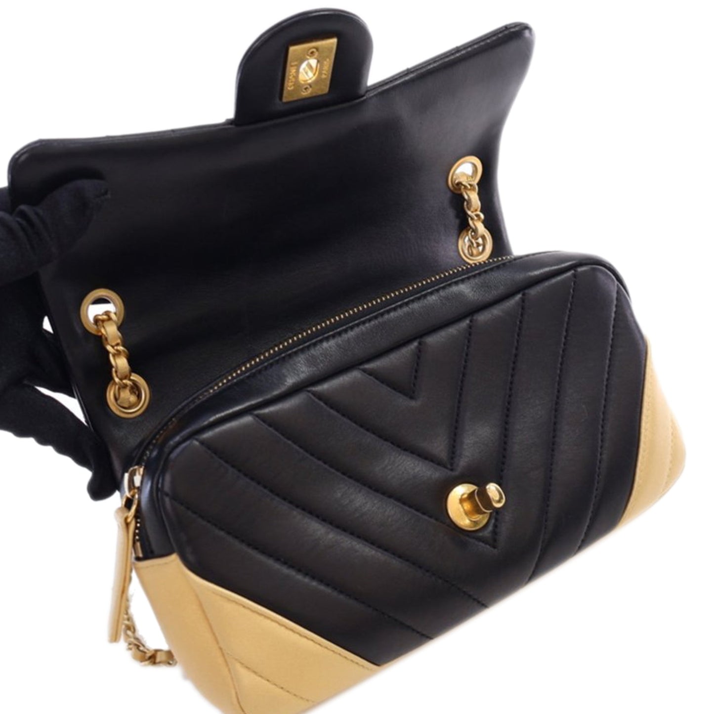 Black Chanel Small Bicolor Chevron Lambskin Single Flap Shoulder Bag