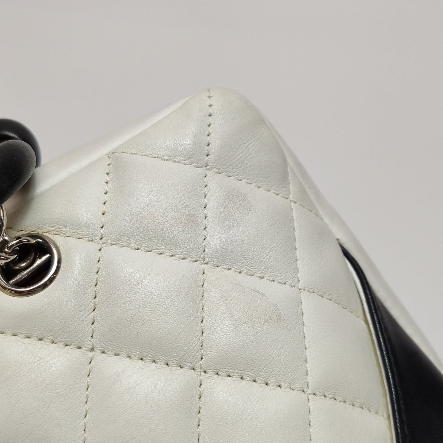 Chanel Cambon Medium Shoulder Bag White Calfskin Leather Black Double Strap
