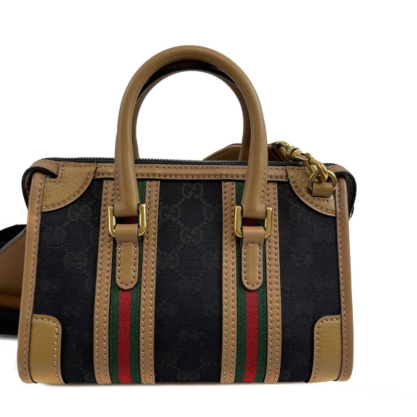 GUCCI GG Canvas Linea Bauletto Plaque Mini Top Handle Crossbody Black/Brown