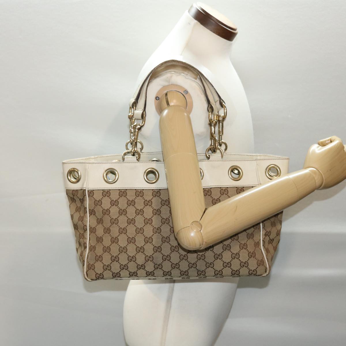 GUCCI GG Canvas Tote Bag Canvas Leather Beige White 162879  49289