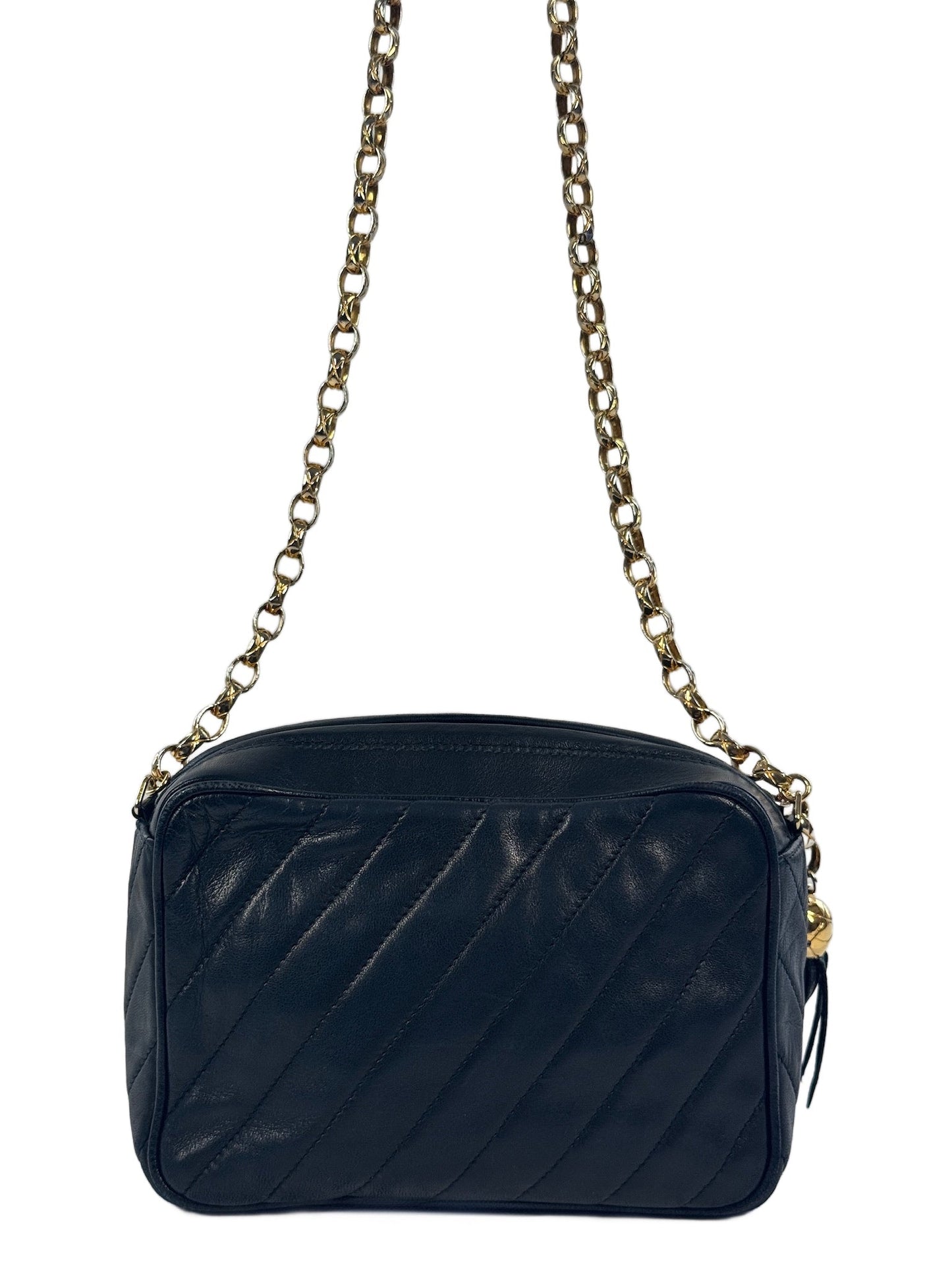 Chanel Vintage 90s Navy Blue Diagonal Quilted Lambskin Leather Tassel Camera Bag w 24K Gold Plated Hardware