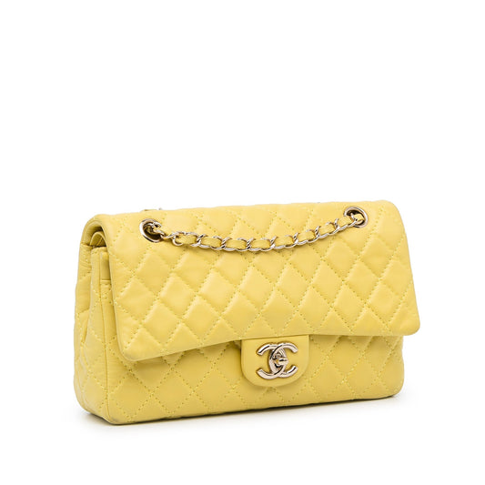 Yellow Chanel Medium Classic Double Stitch Calfskin Double Flap Shoulder Bag