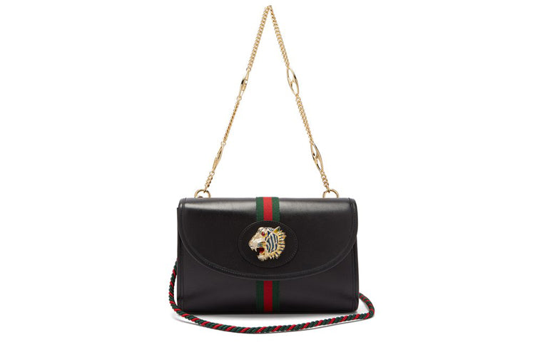 (WMNS) GUCCI Rajah Enamel Tiger Head Stripe Webbing Leather Chain Shoulder Messenger Bag Black Retro 564697-0OLKX-8389
