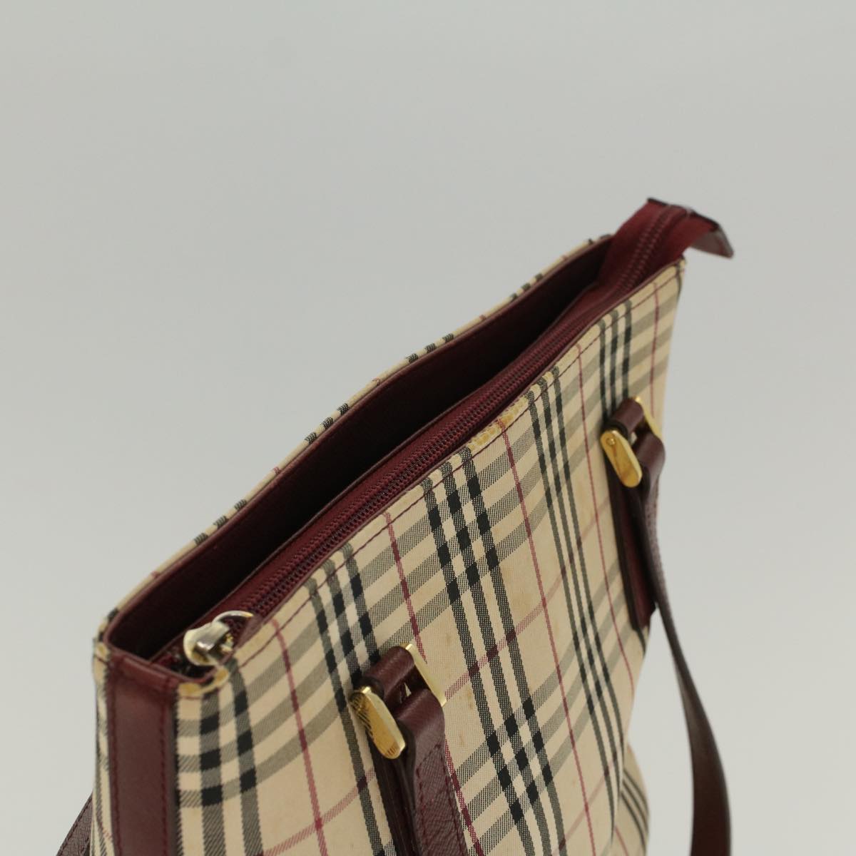 Burberry Nova Check Shoulder Bag Nylon Leather Beige Wine Red Auth 52038