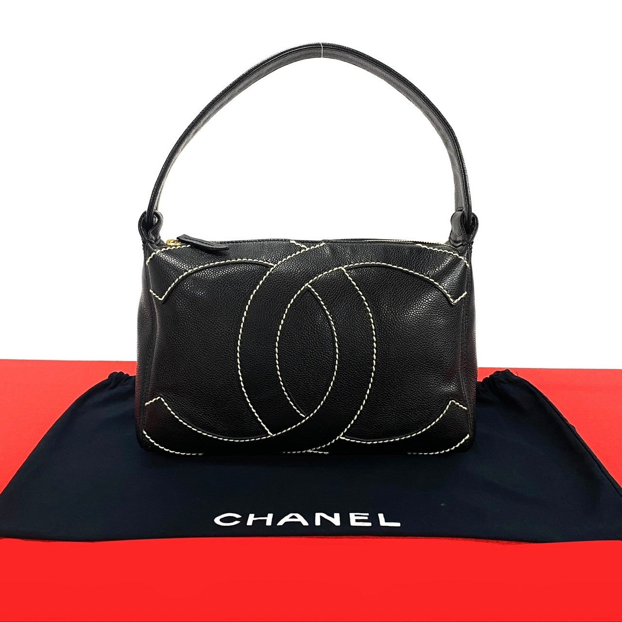 CHANEL Shoulder Bag Matt caviar skin black Wild stitch
