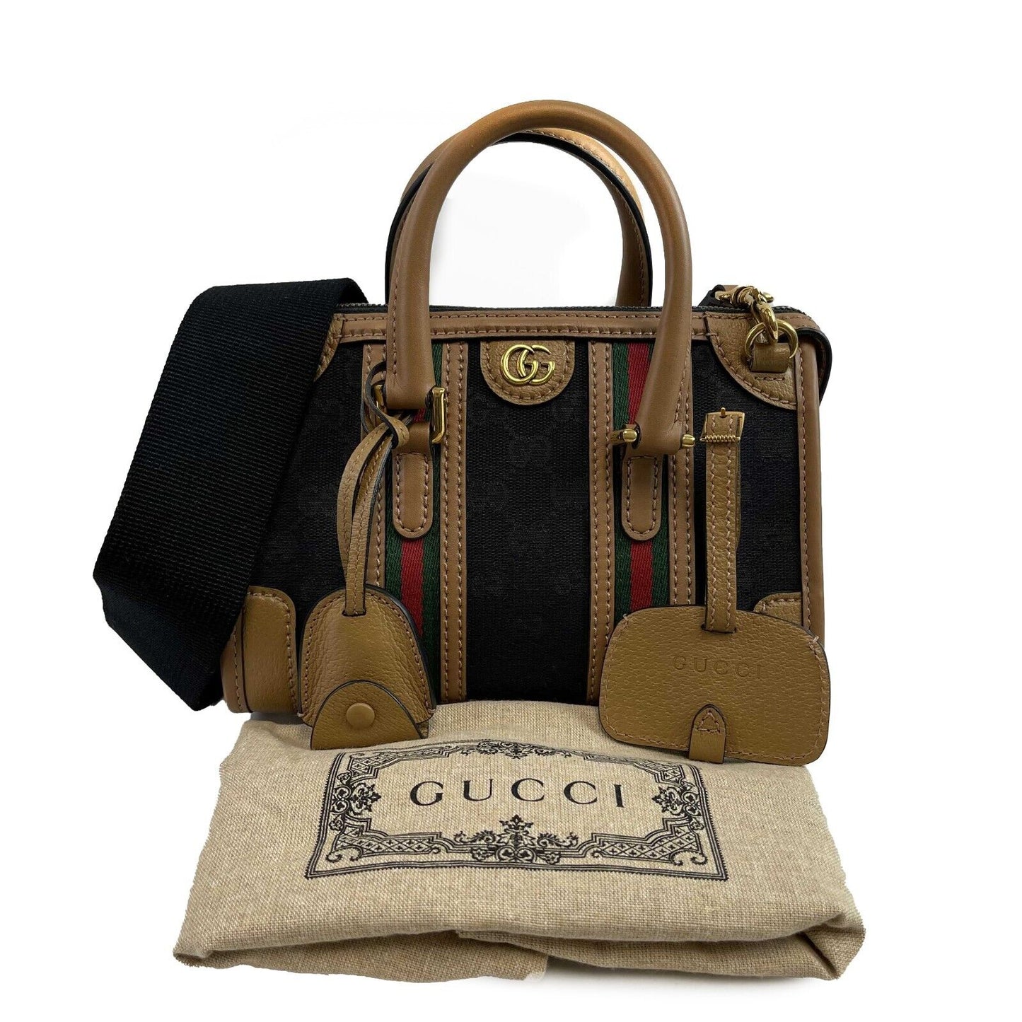 GUCCI GG Canvas Linea Bauletto Plaque Mini Top Handle Crossbody Black/Brown