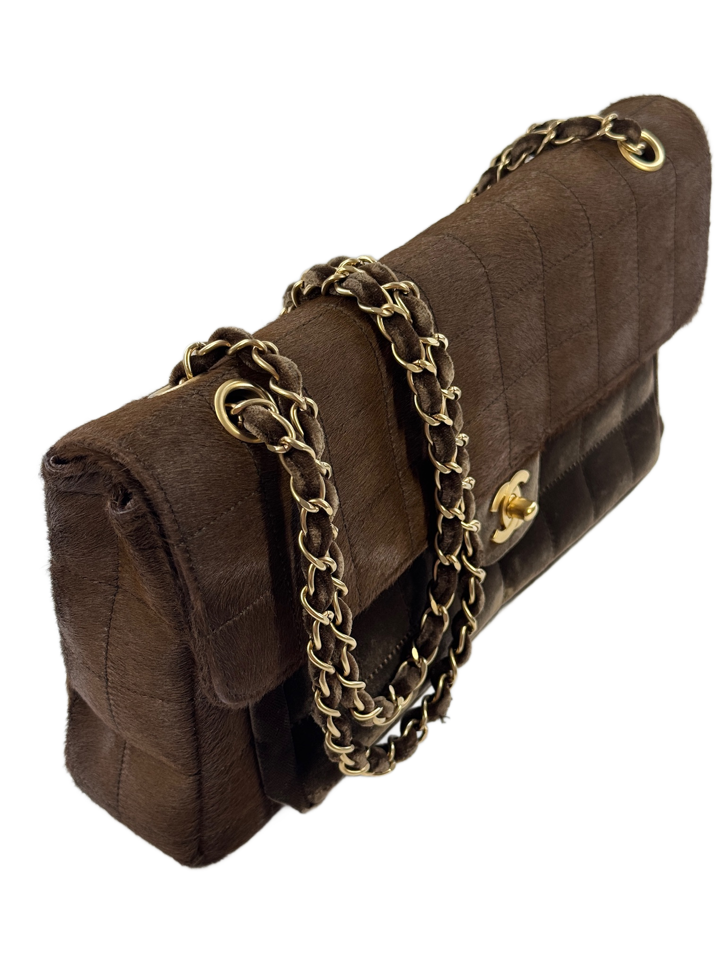 Chanel Vintage 00s Brown Pony Hair & Velour Chocolate Bar East West Flap Bag w Aged Gold Hardware