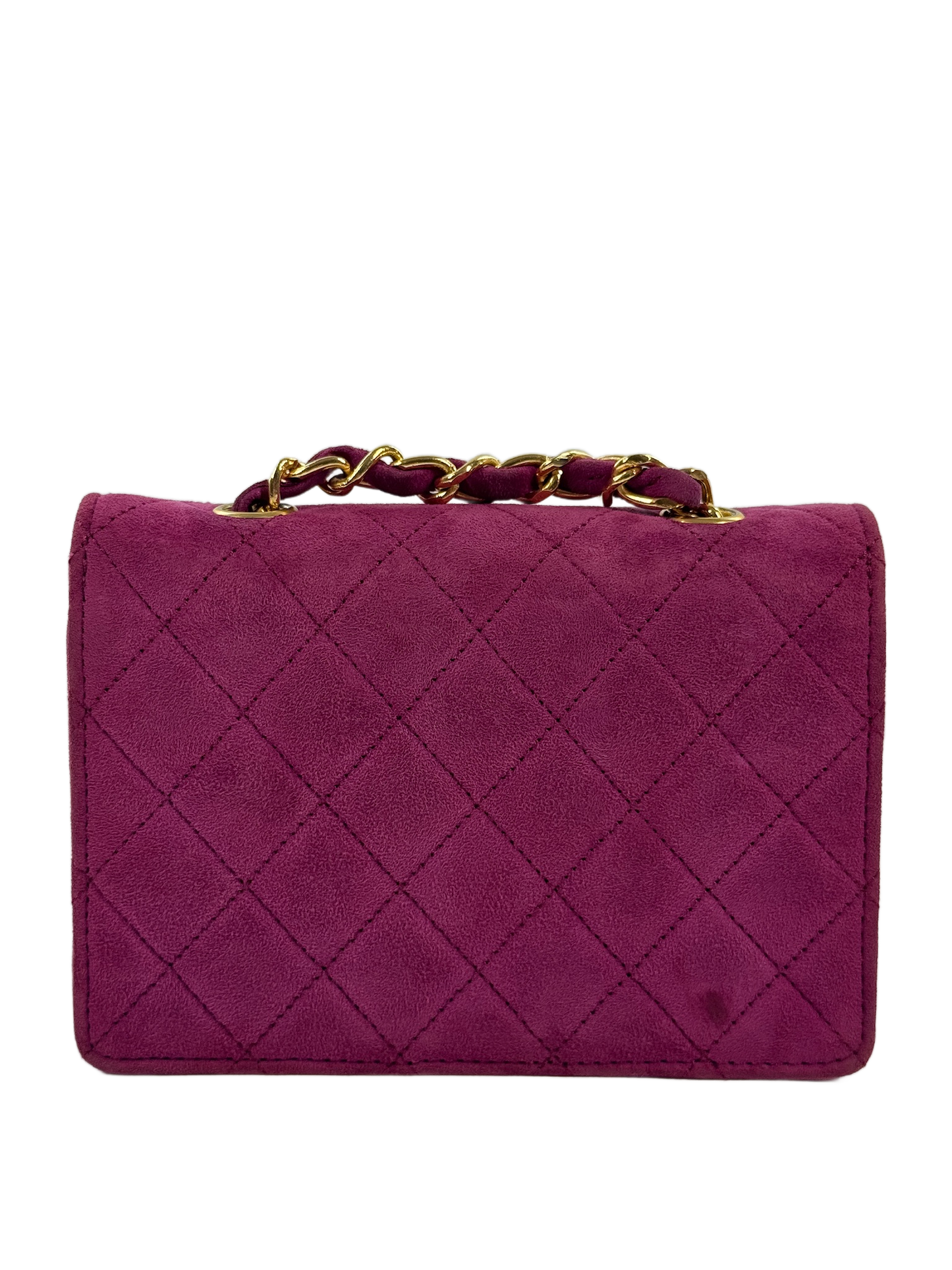 Chanel Vintage 80s/90s Quilted Fuchsia Suede Micro Mini Flap Crossbody Bag w 24K Gold Plated Hardware