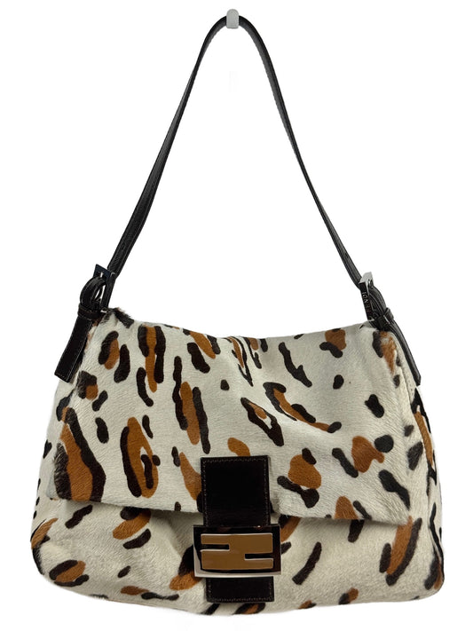 Fendi Vintage White & Brown Leopard Print Pony Hair Mamma Baguette Shoulder Bag