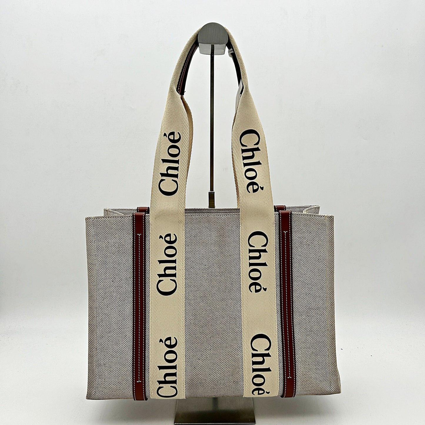 CHLOE Cotton Calfskin Medium Woody Ribbon Tote White Brown LA39604