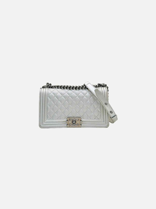 CHANEL New Boy Flap Silver Perforated Shoulder Bag