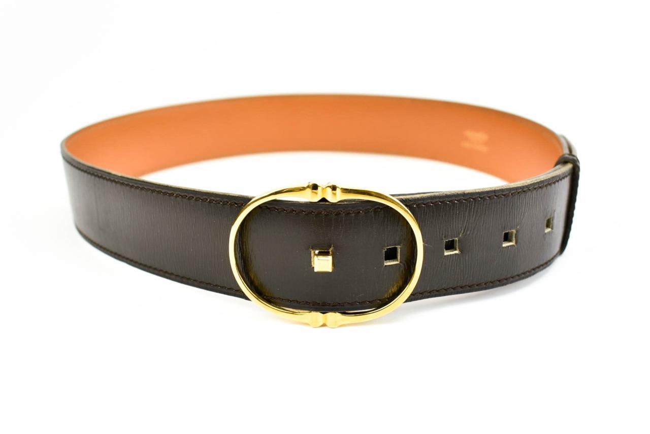 HERMES "Stirrup": Brown Leather & Gold Buckle Belt (fits 24"- 27")