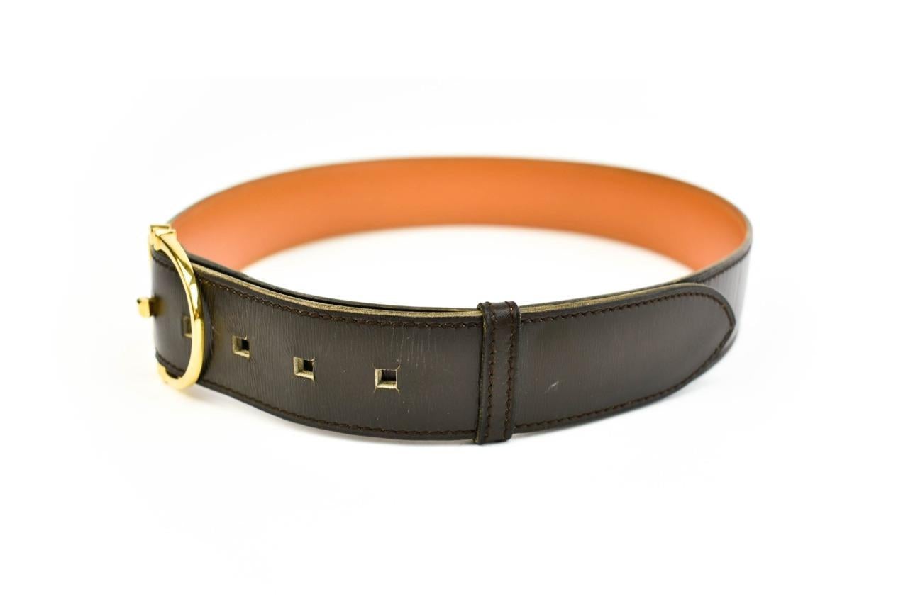 HERMES "Stirrup": Brown Leather & Gold Buckle Belt (fits 24"- 27")