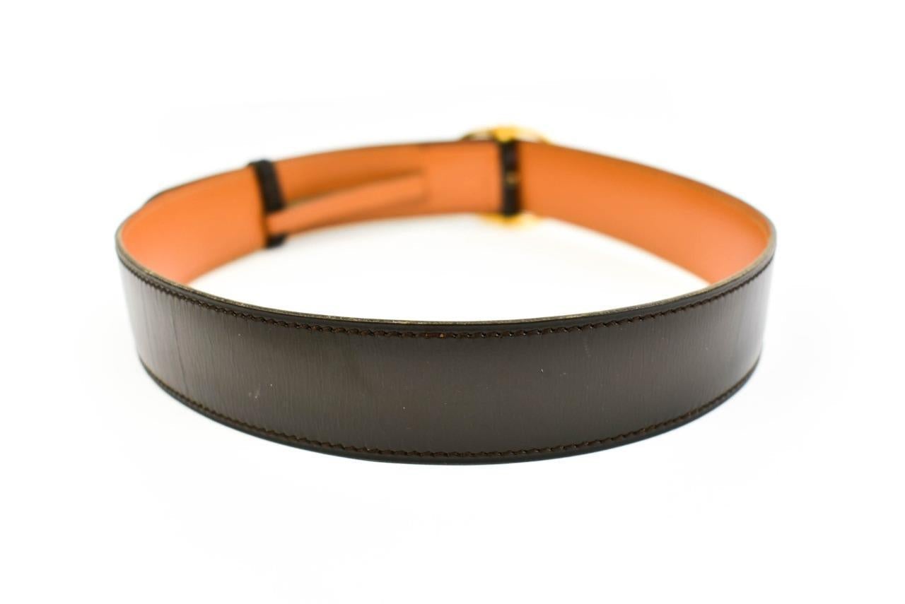 HERMES "Stirrup": Brown Leather & Gold Buckle Belt (fits 24"- 27")