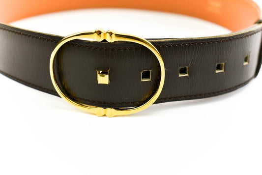 HERMES "Stirrup": Brown Leather & Gold Buckle Belt (fits 24"- 27")
