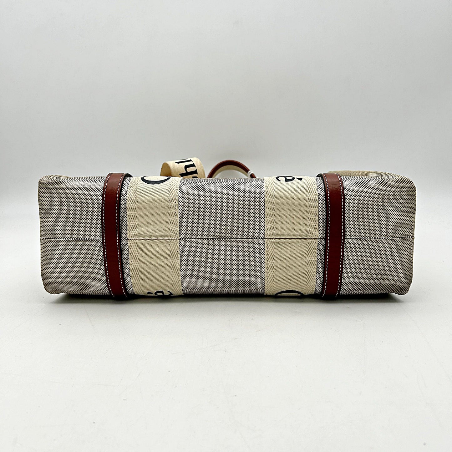CHLOE Cotton Calfskin Medium Woody Ribbon Tote White Brown LA39604