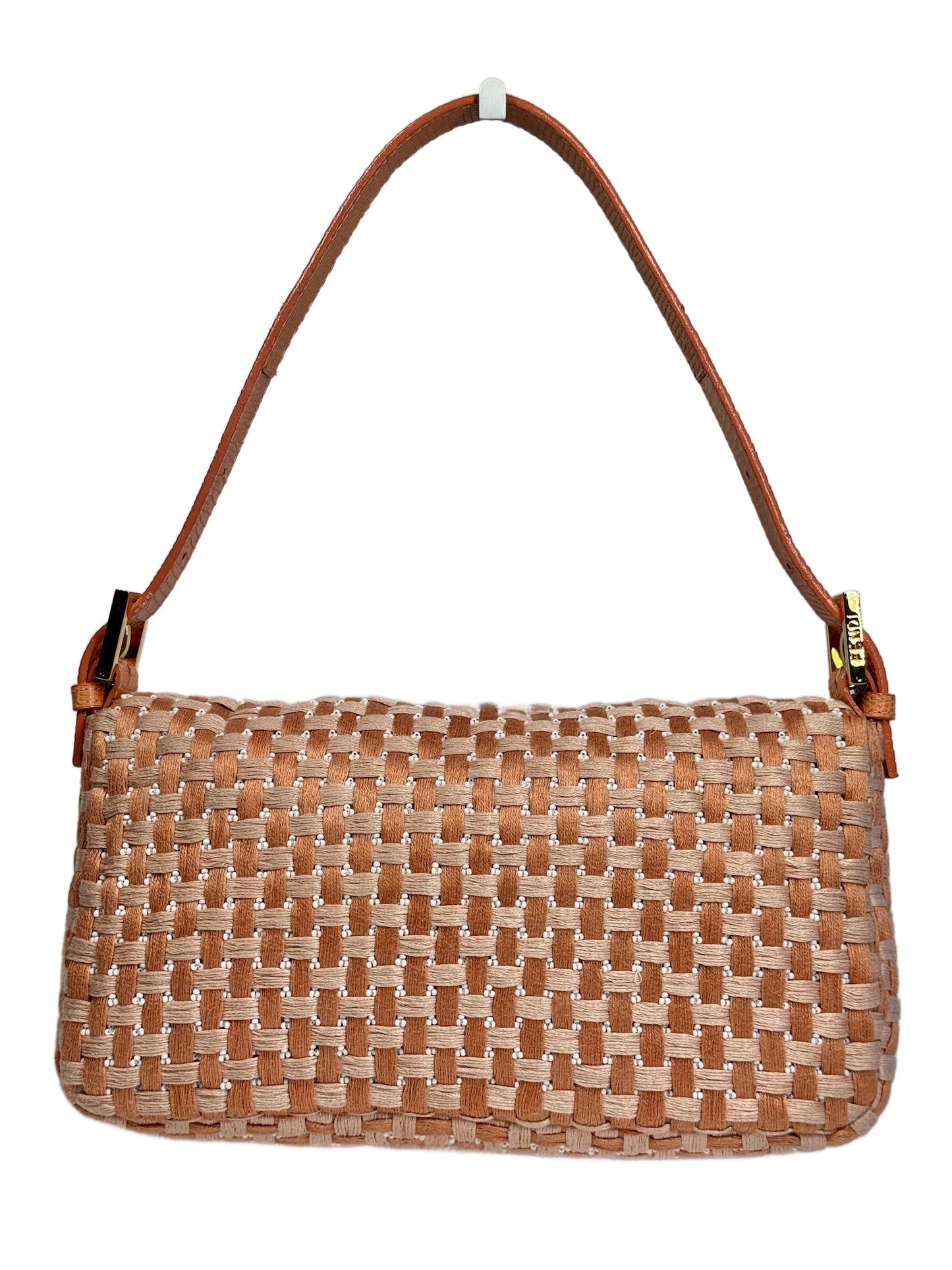 Fendi Vintage Peach Orange Woven Beaded Baguette Shoulder Bag w Quartz Logo & Crocodile Trim