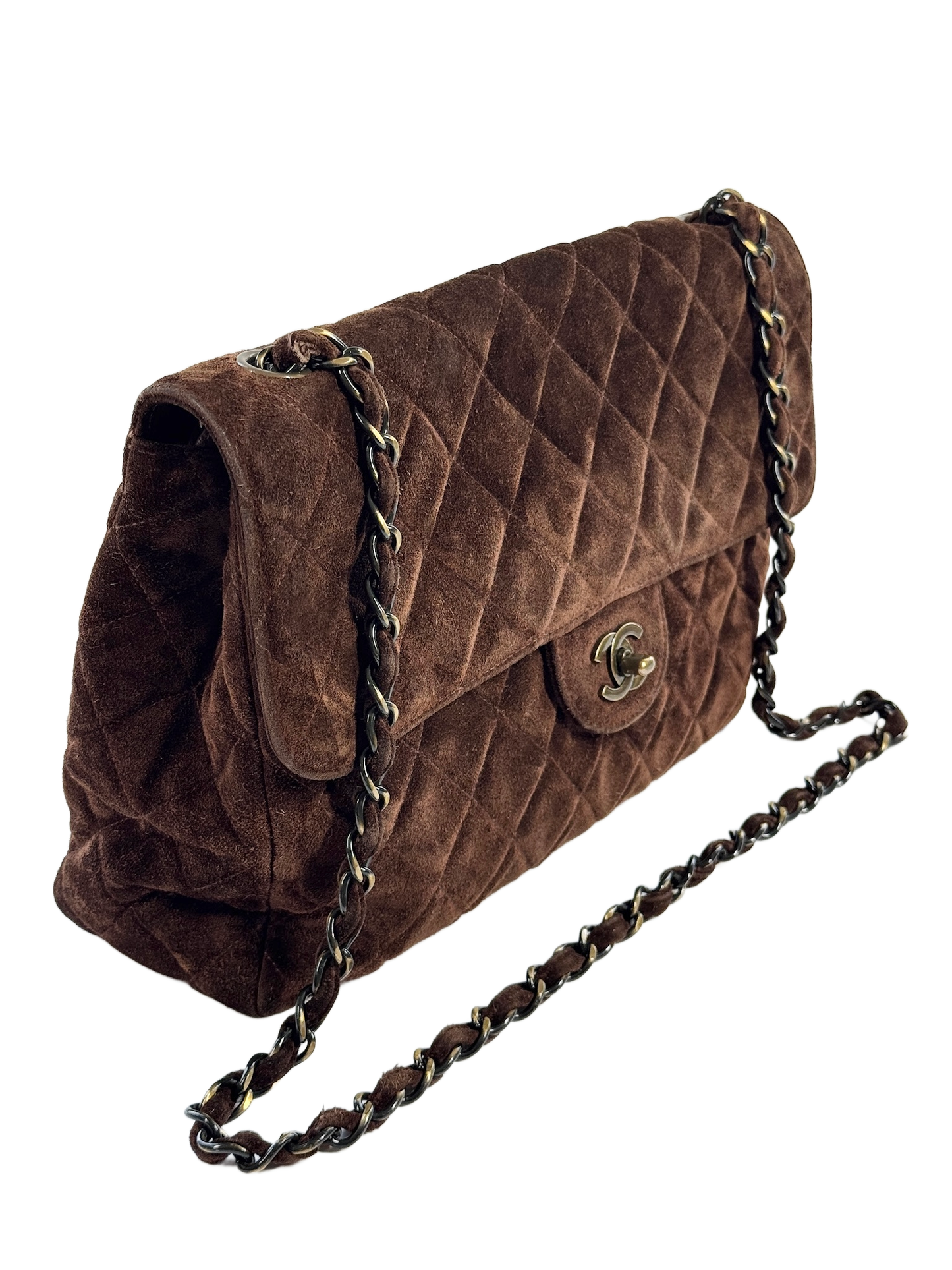 Chanel Vintage 90s Quilted Brown Suede Jumbo Flap Crossbody Bag