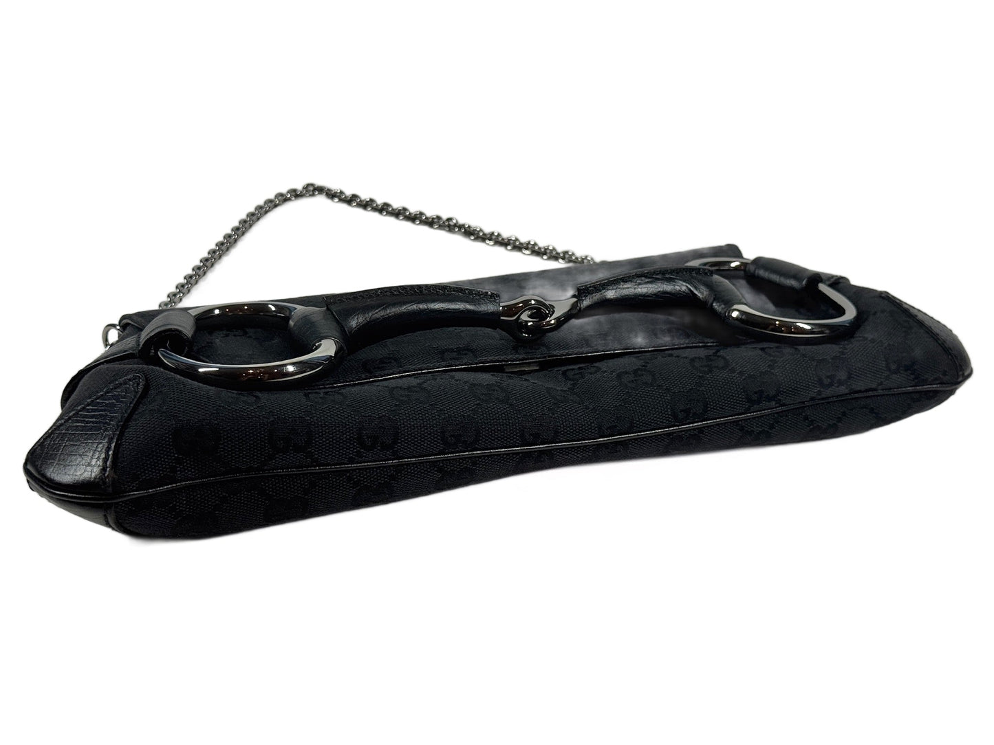 Gucci Vintage Black GG Monogram Horsebit Large Chain Shoulder Clutch Bag