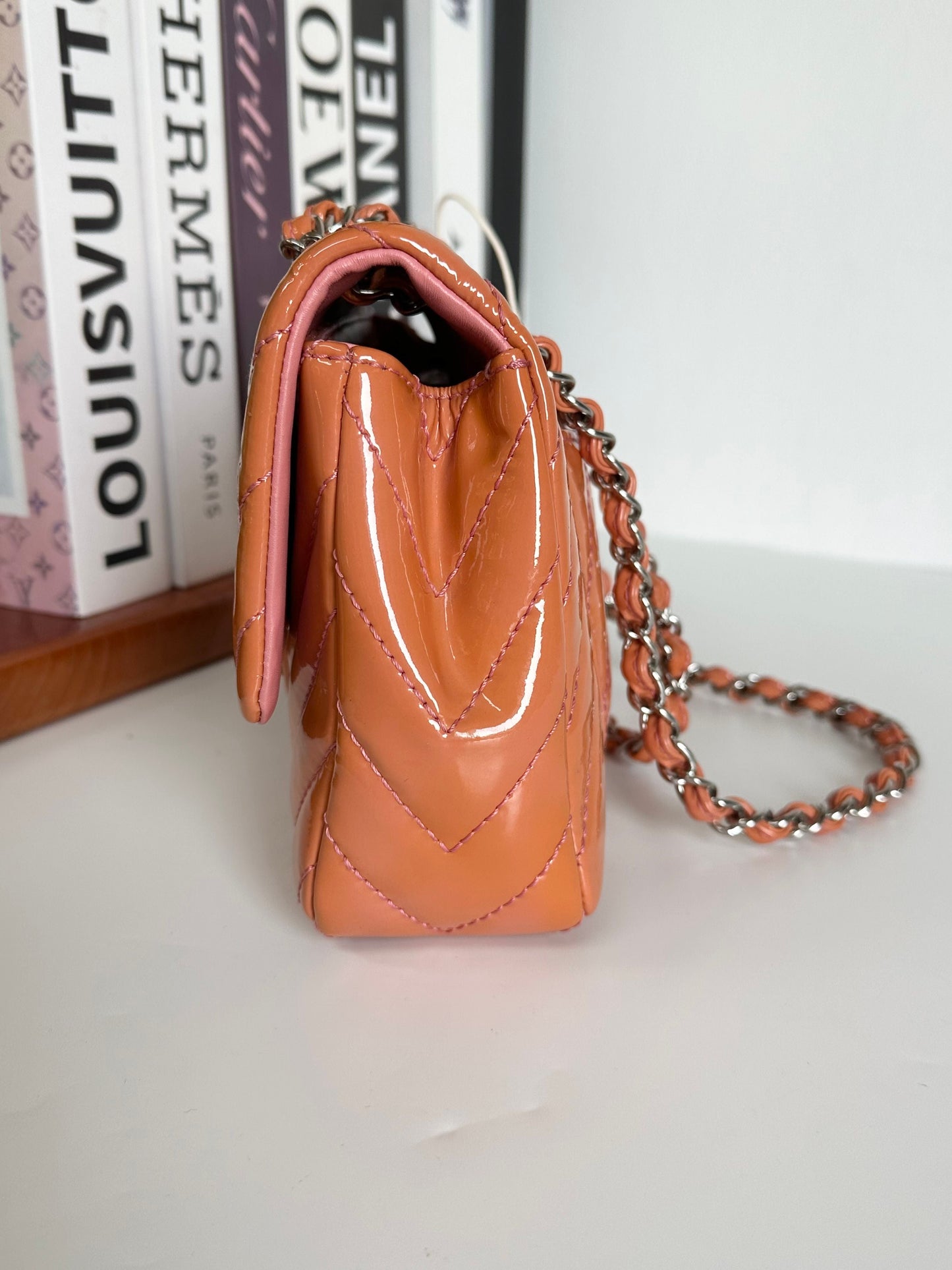 Chanel Patent Chevron Medium Flap Bag - Orange Shoulder Bags, Handbags #E