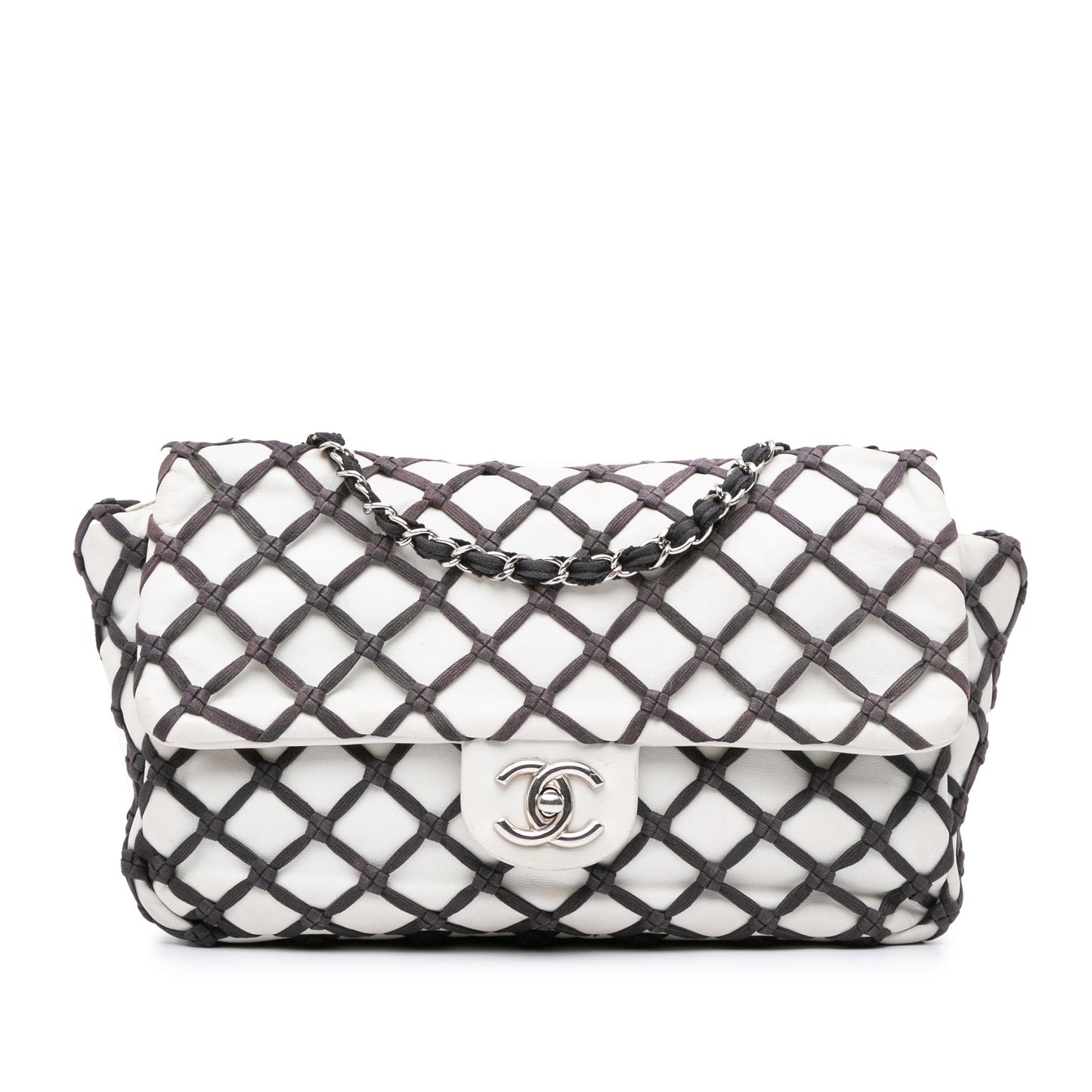 White Chanel Jumbo Calfskin Canebiers Net Flap Shoulder Bag
