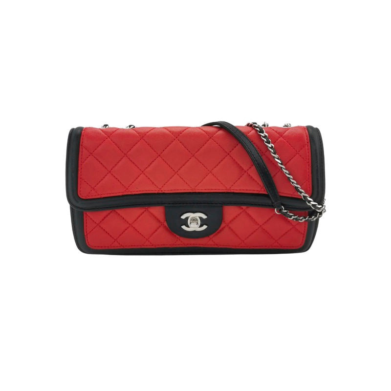 Chanel Baguette Flap Shoulder Bag Lambskin Red and Black Silver Double Chain