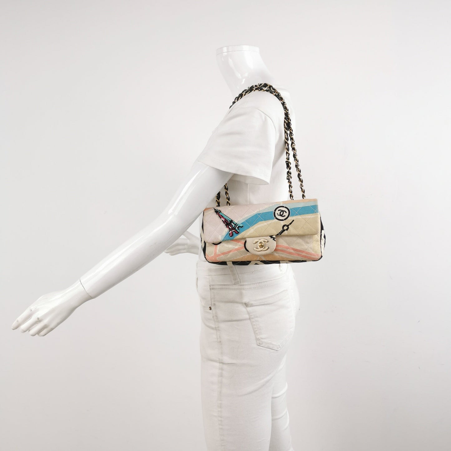 Chanel Baguette Flap Multicolor Eiffel Tower Print Cloth Shoulder Bag