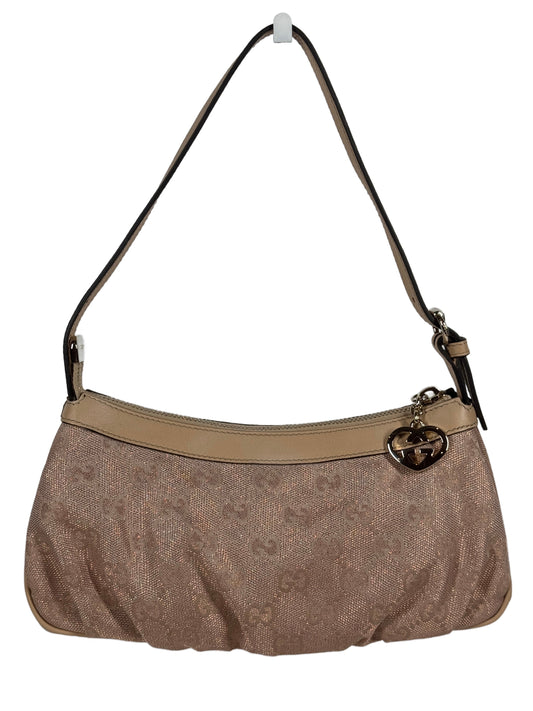 Gucci Vintage Metallic Pink GG Monogram Canvas w Ivory Leather Trim Lovely Heart Logo Mini Shoulder Pochette Bag