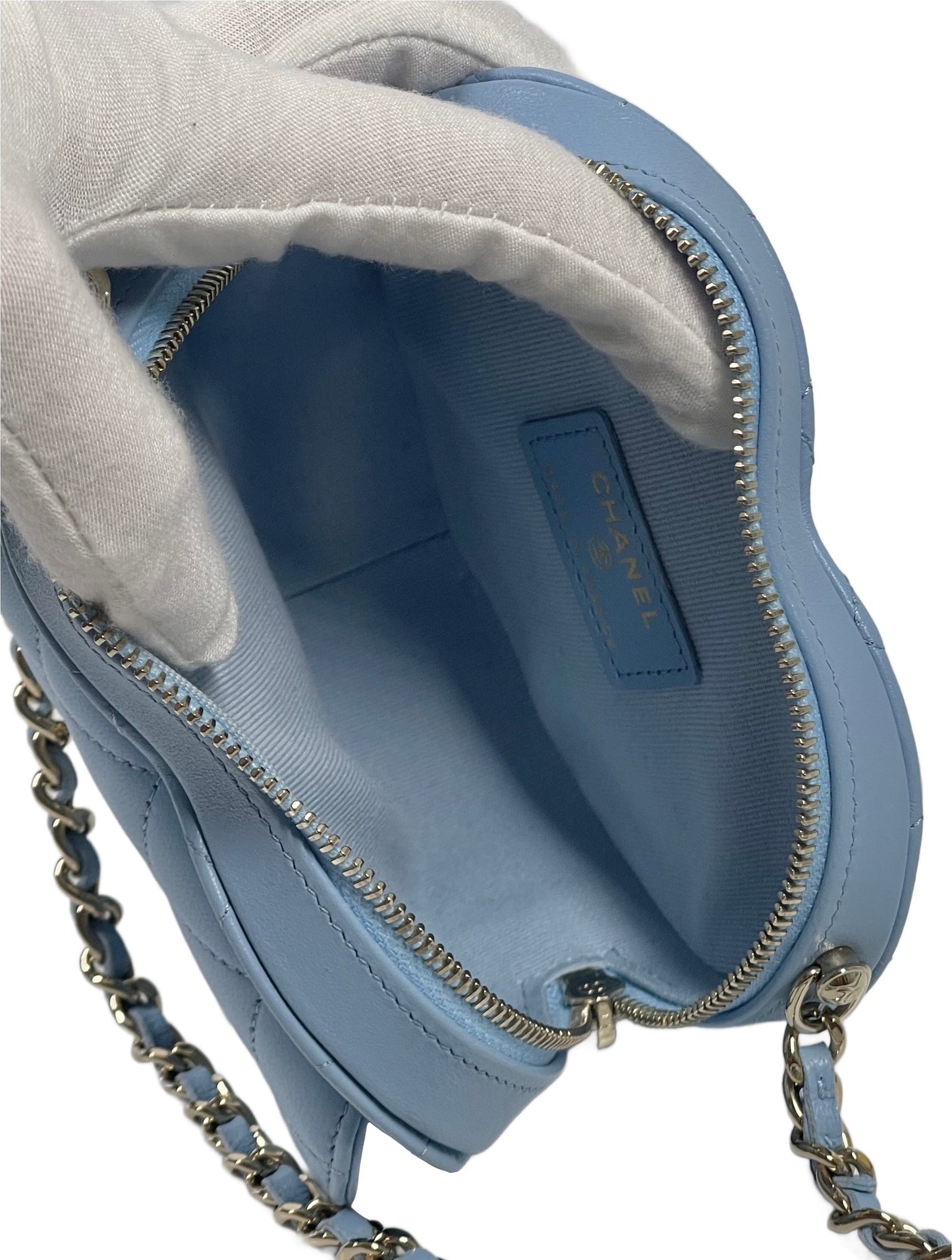 Chanel 22S Baby Blue Quilted Lambskin Small Heart Bag Clutch with on Chain
